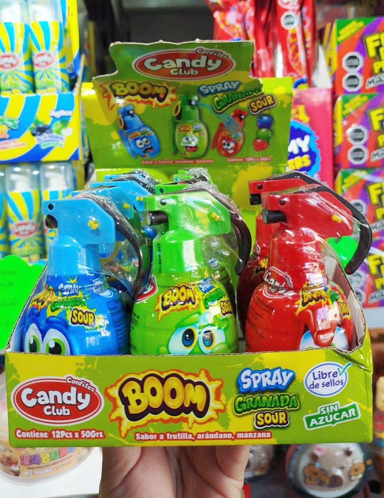Caja de 12 caramelo ácido en spray forma granada