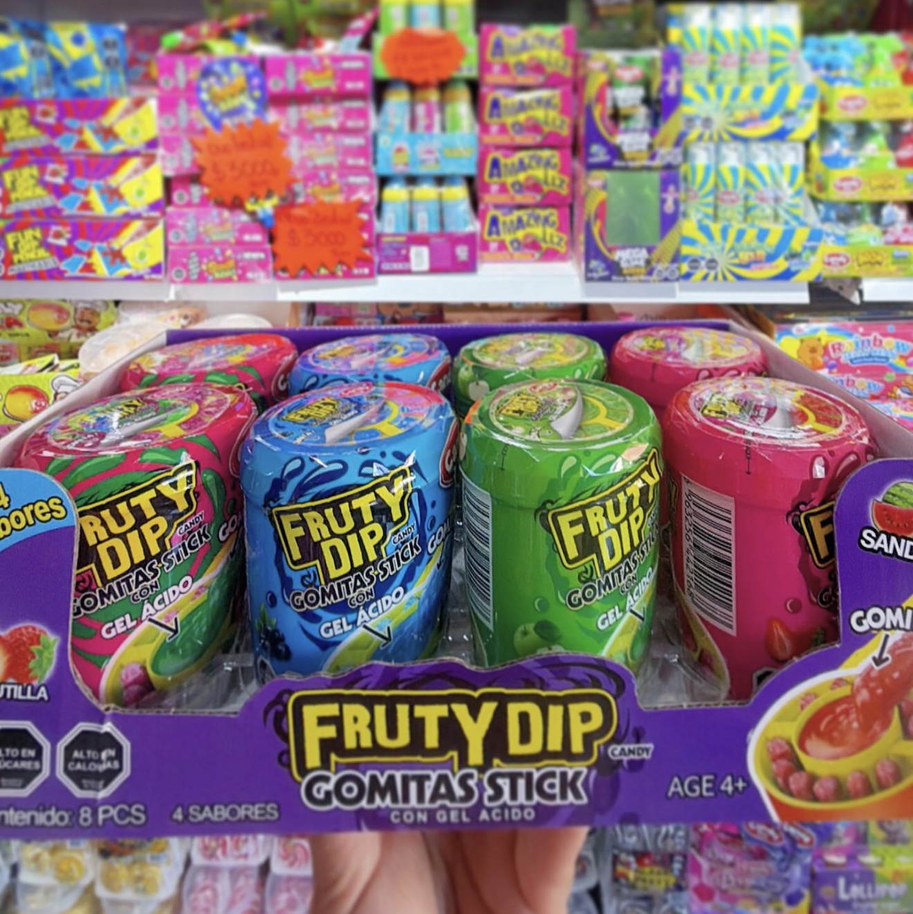 Displey de 8 fruty dip palitos de gomitas con centro líquido ácido para untar