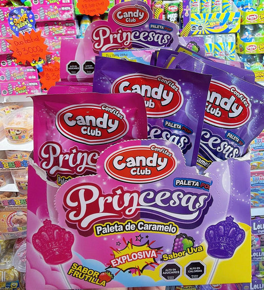 Caja de 30 sobres de petazeta con paleta de caramelo forma corona princesa